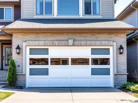 White garage door with top windows after installation